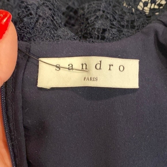 Sandro “Danny” Navy Blue and red dress in contrasting lace and lurex 3/L - Picture 5 of 7